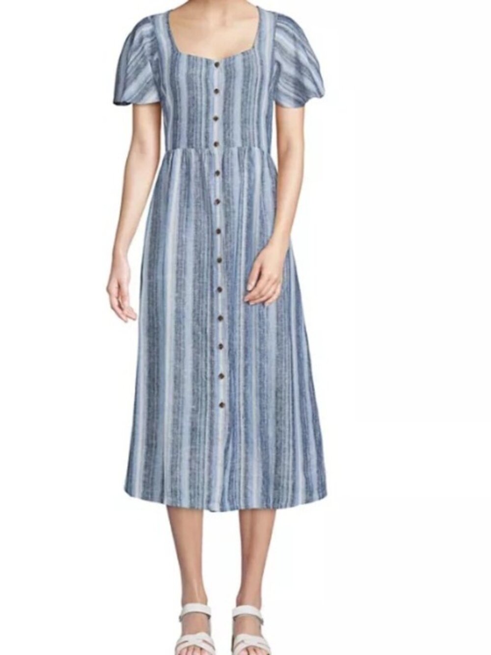 Lands' End Blue Linen Stripe Button Down Midi Dress Size XL